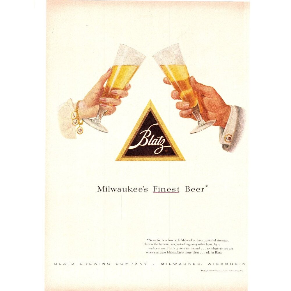 1952 Blatz Milwaukee's Finest Beer Vintage Print Ad Toast Cufflinks Wall Art